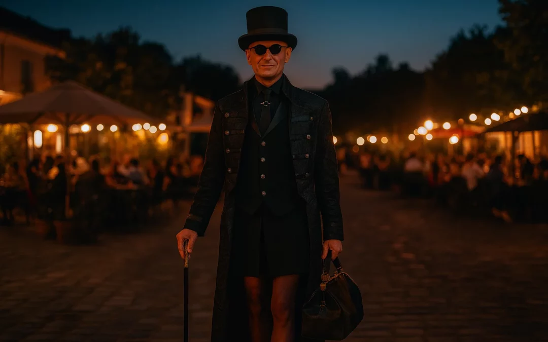 Ambros Varius en tenue officielle, se tenant à Boulogne-Billancourt lors d'une animation prestige, avec son haut-de-forme noir et sa canne.