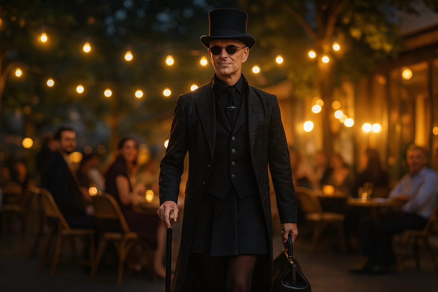 Ambros Varius, magicien mentaliste, en costume officiel avec haut-de-forme et canne