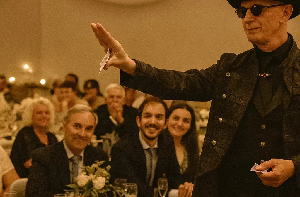 Ambros Varius, magicien mentaliste, lors d'un mariage à Grenoble, créant des souvenirs inoubliables.