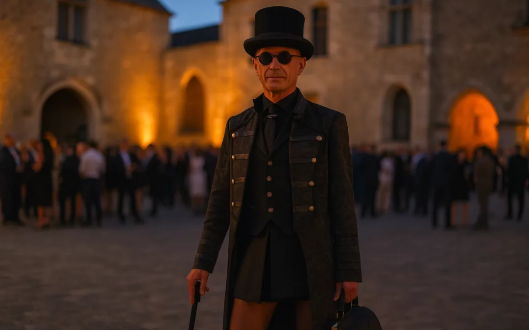 Magicien mentaliste à Nantes en costume officiel devant un lieu de réception élégant