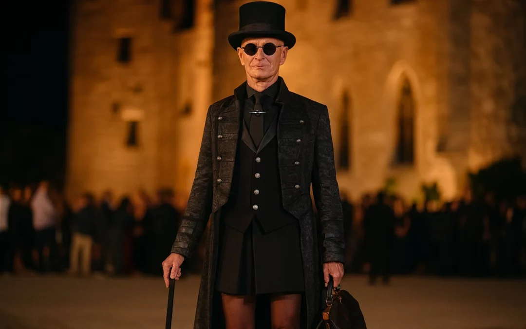 Magicien mentaliste à Perpignan, Ambros Varius en costume officiel devant un monument éclairé la nuit