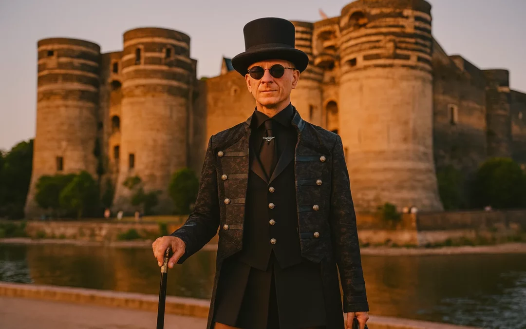 Ambros Varius pose devant le château d'Angers avant un spectacle de mentalisme à Angers