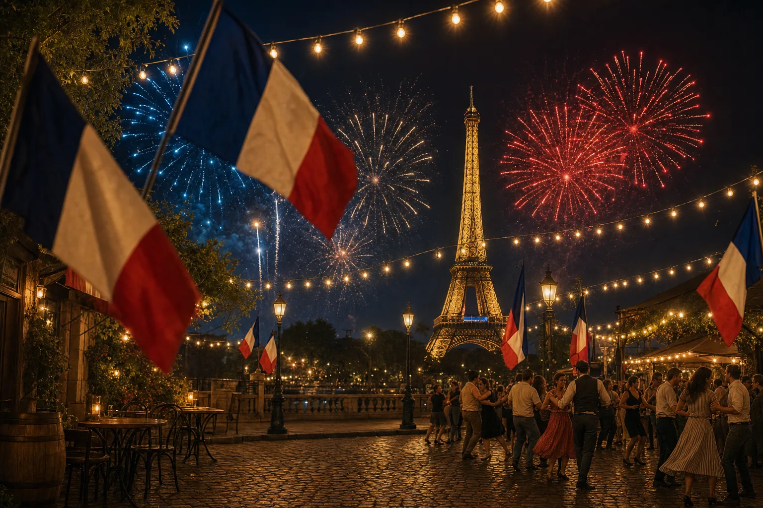 Feux d’artifice tricolores et Tour Eiffel illuminée pour le 14 Juillet, Fête nationale française