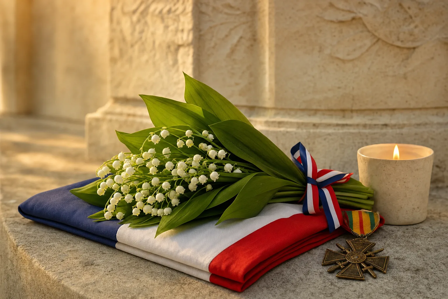 Muguet, drapeau français et bougie allumée symbolisant le 8 mai 1945 et la Victoire en Europe