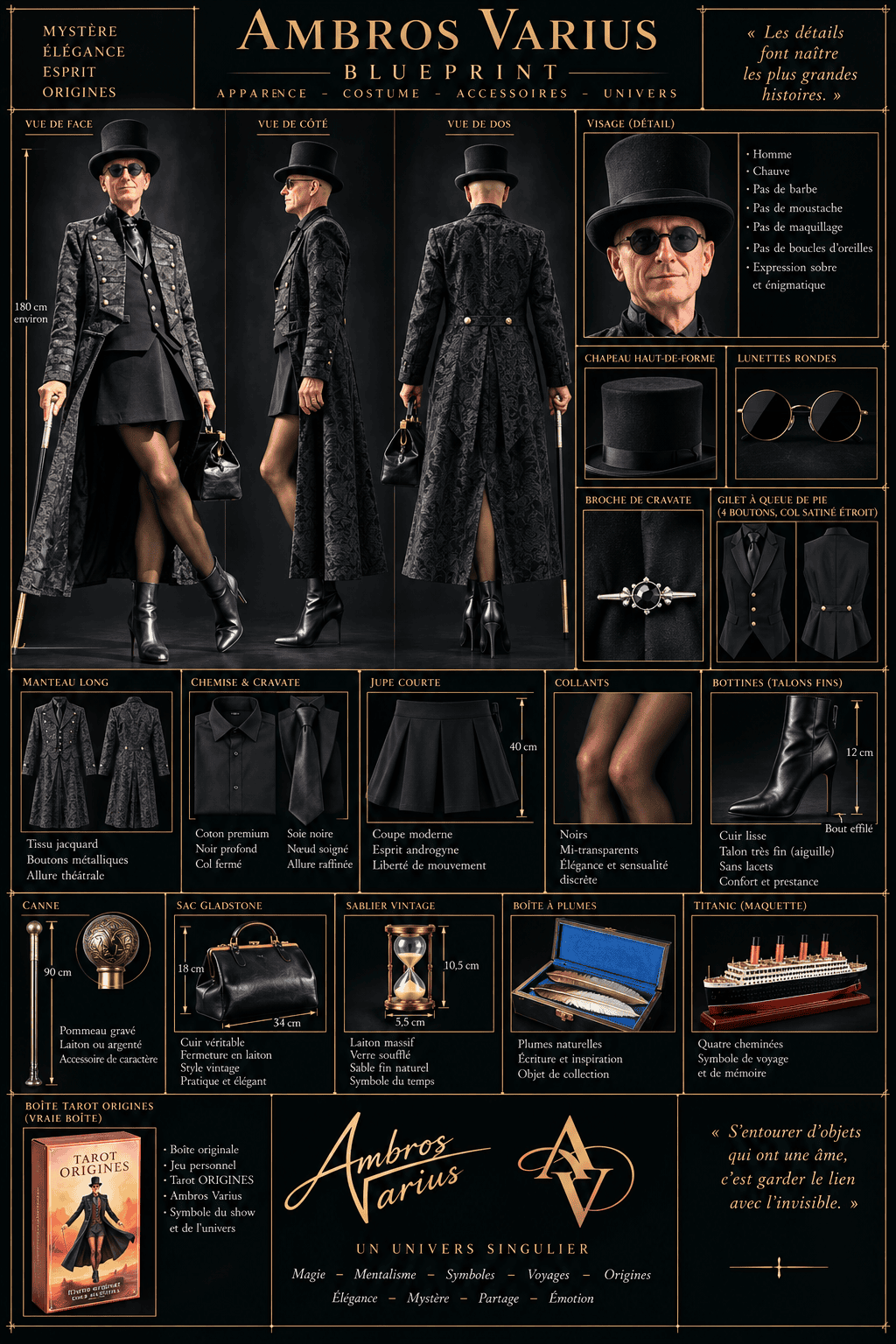 Ambros Varius, magicien mentaliste en jupe : costume complet avec haut-de-forme, lunettes rondes, manteau long jacquard, jupe courte noire, collants, bottines à talons, canne et sac Gladstone