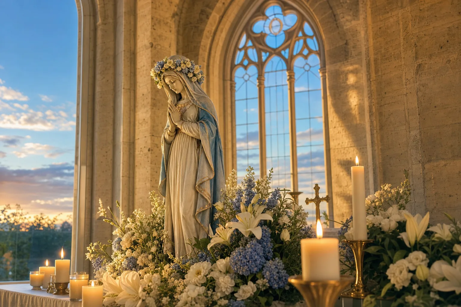 Statue mariale fleurie et cierges allumés dans une église, symbole de l’Assomption du 15 août