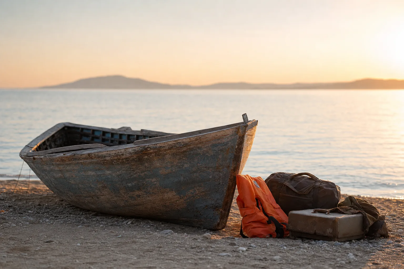 Barque échouée et gilet de sauvetage sur une plage, symbole de la Journée mondiale des réfugiés