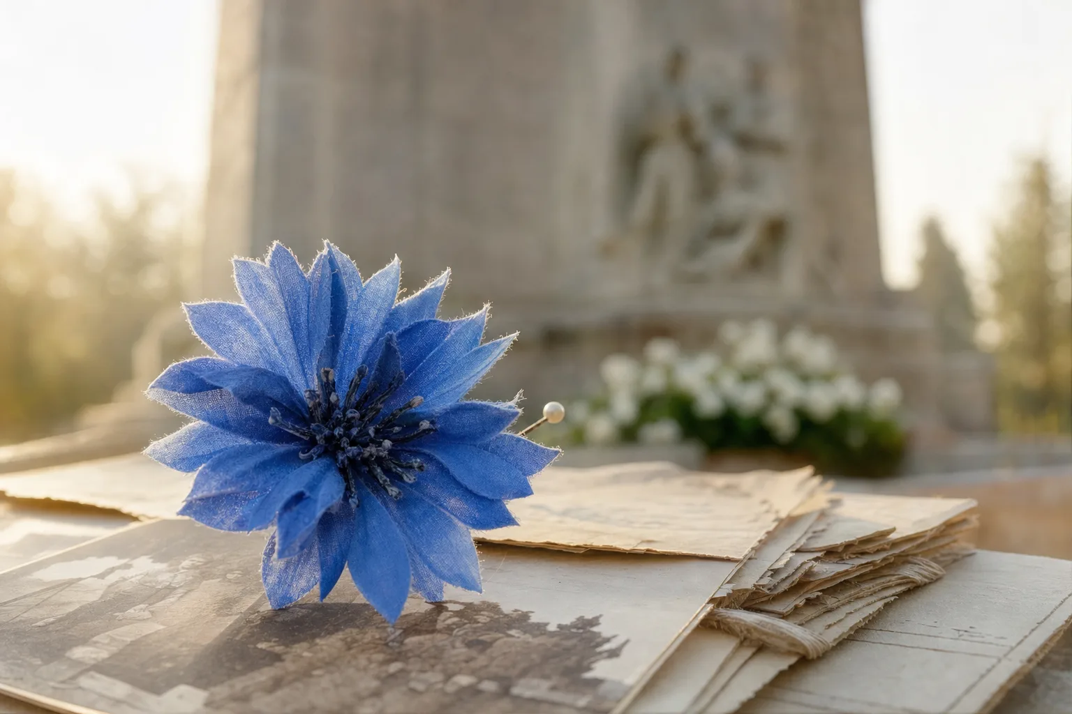 Fleur de bleuet de France posée près de lettres anciennes, symbole du souvenir et de la solidarité