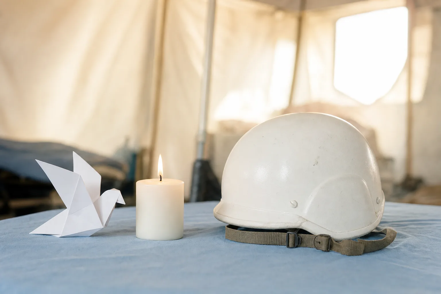 Bougie et casque blanc symbolisant la Journée mondiale de l’aide humanitaire