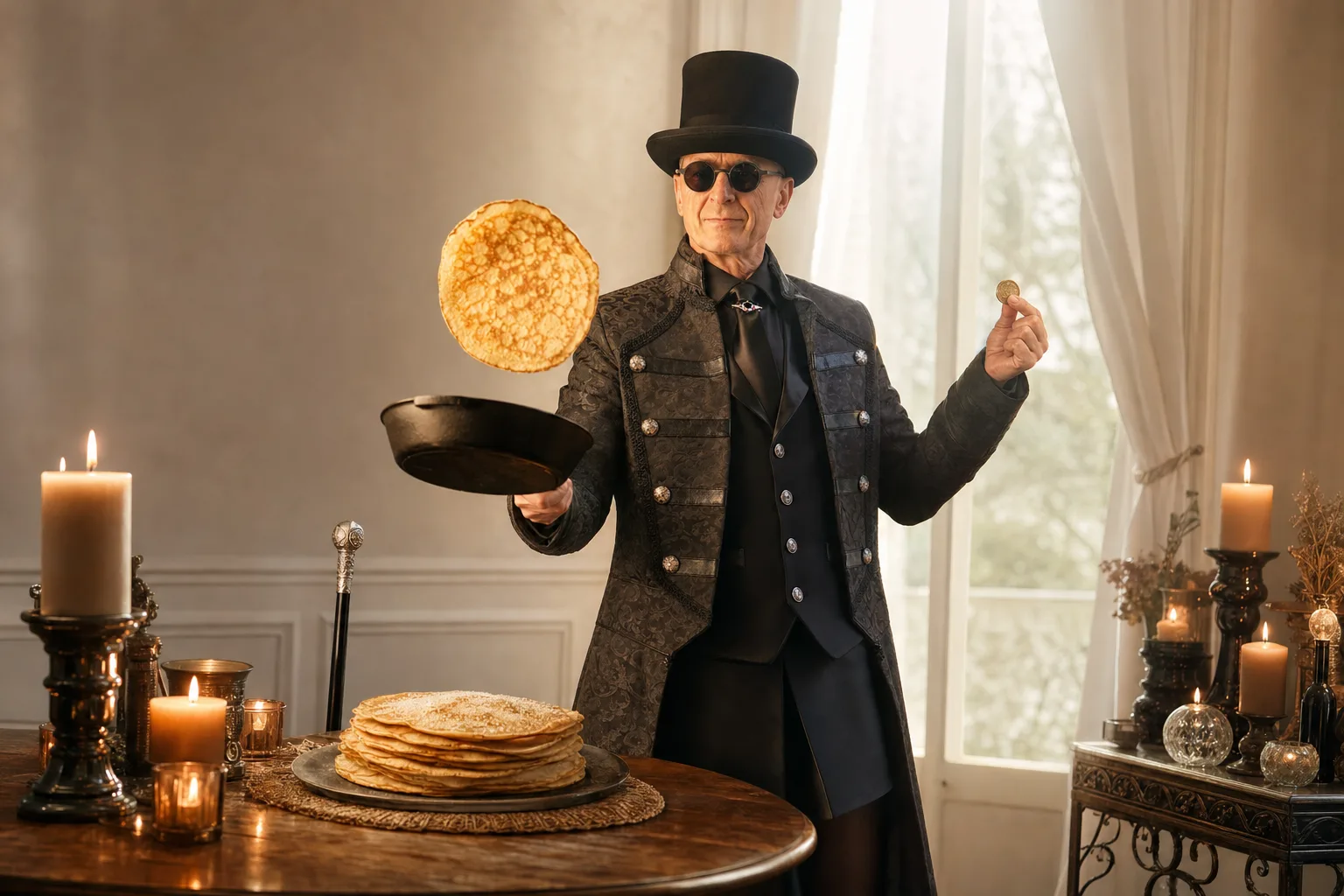 Crêpe dorée sautée au-dessus d’une poêle, pièce d’or et bougies allumées pour la Chandeleur, avec Ambros Varius