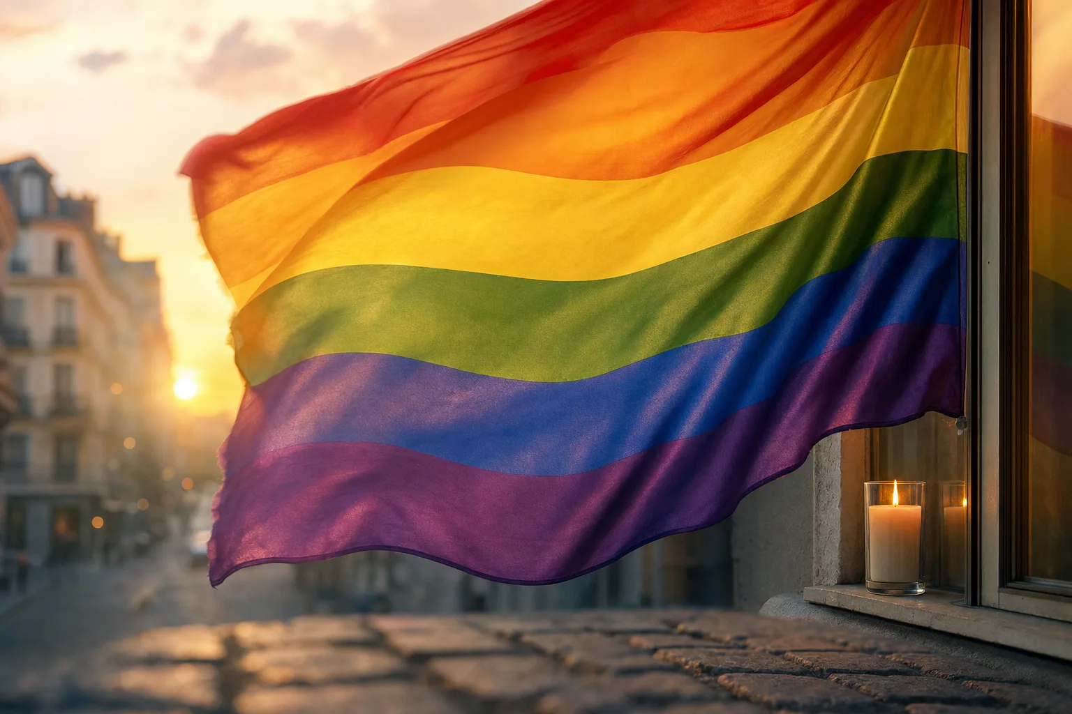Drapeau arc-en-ciel et bougie allumée, symboles du Mois des fiertés et de la mémoire de Stonewall