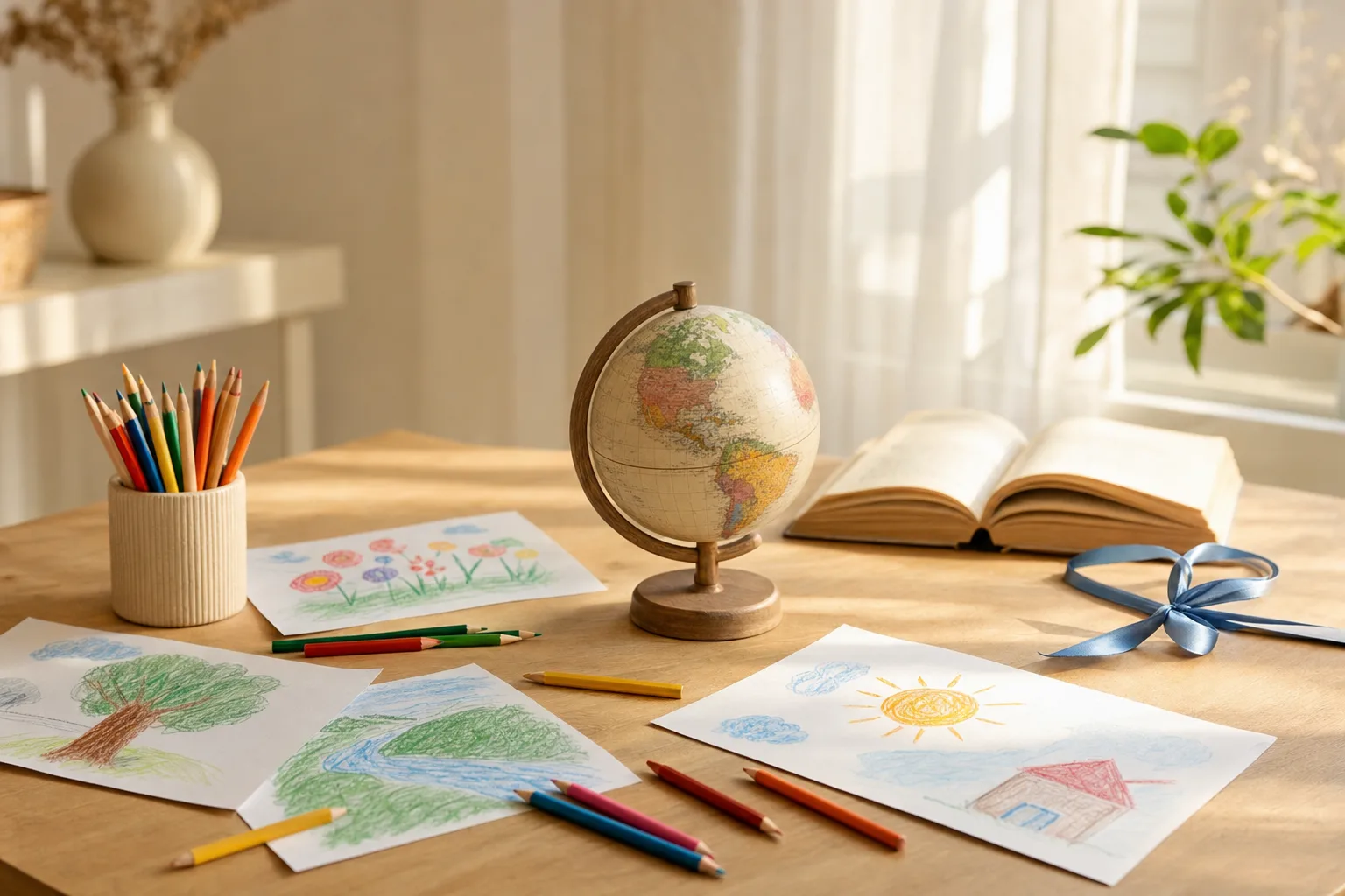 Globe, dessins colorés et ruban bleu symbolisant les droits de l’enfant et leur protection