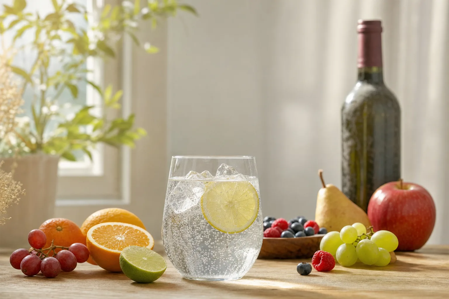 Verre d’eau pétillante et fruits frais symbolisant le Dry January, défi de janvier sans alcool
