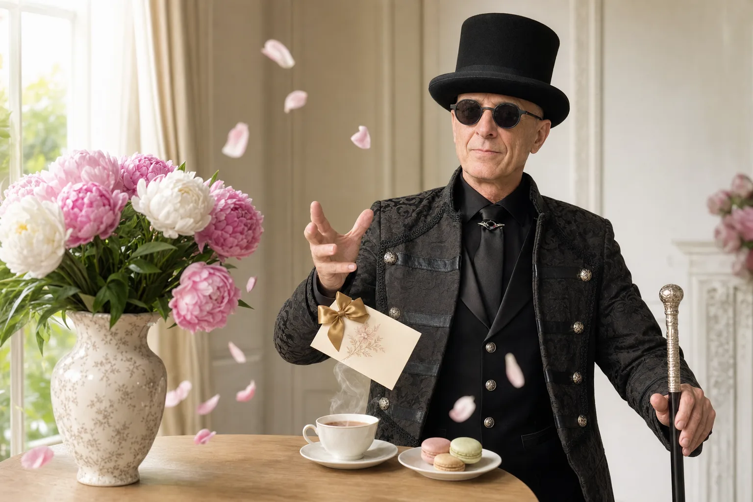 Bouquet de pivoines et carte cadeau pour la Fête des mères, ambiance douce et chaleureuse, avec Ambros Varius