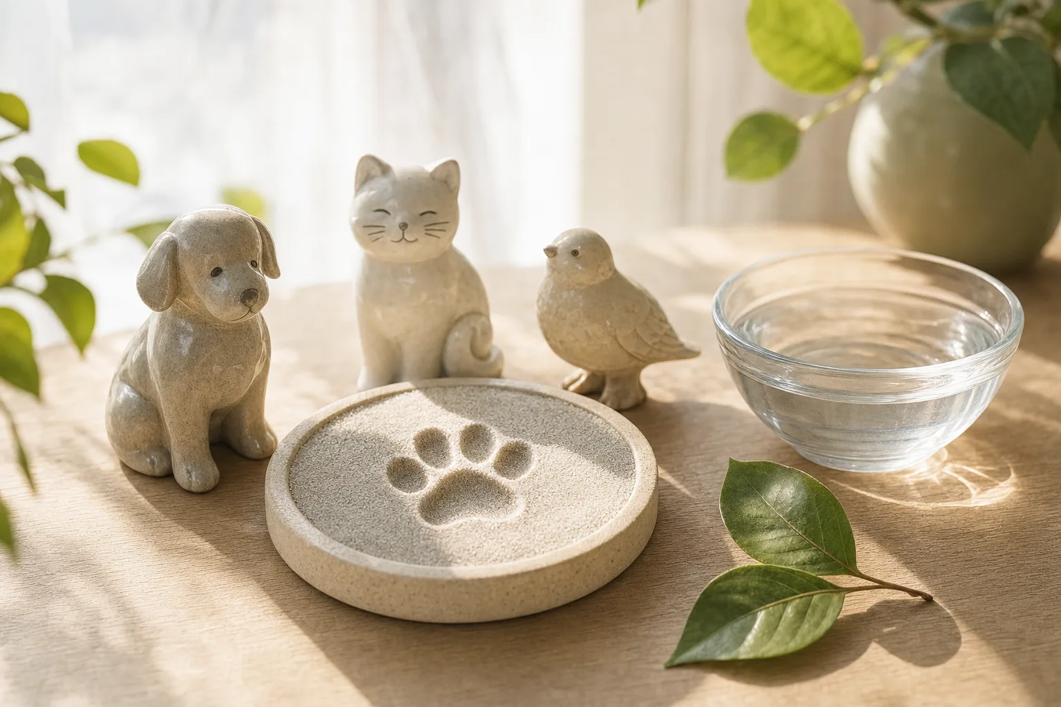 Figurines d’animaux et empreinte de patte illustrant la Journée mondiale des animaux, lumière douce et nature