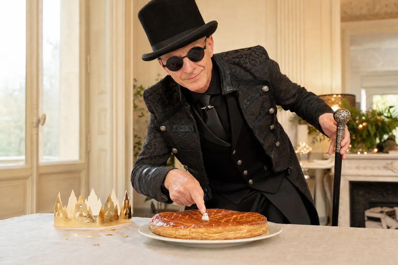 Galette des rois dorée avec couronne et fève, symboles de l’Épiphanie en janvier, avec Ambros Varius
