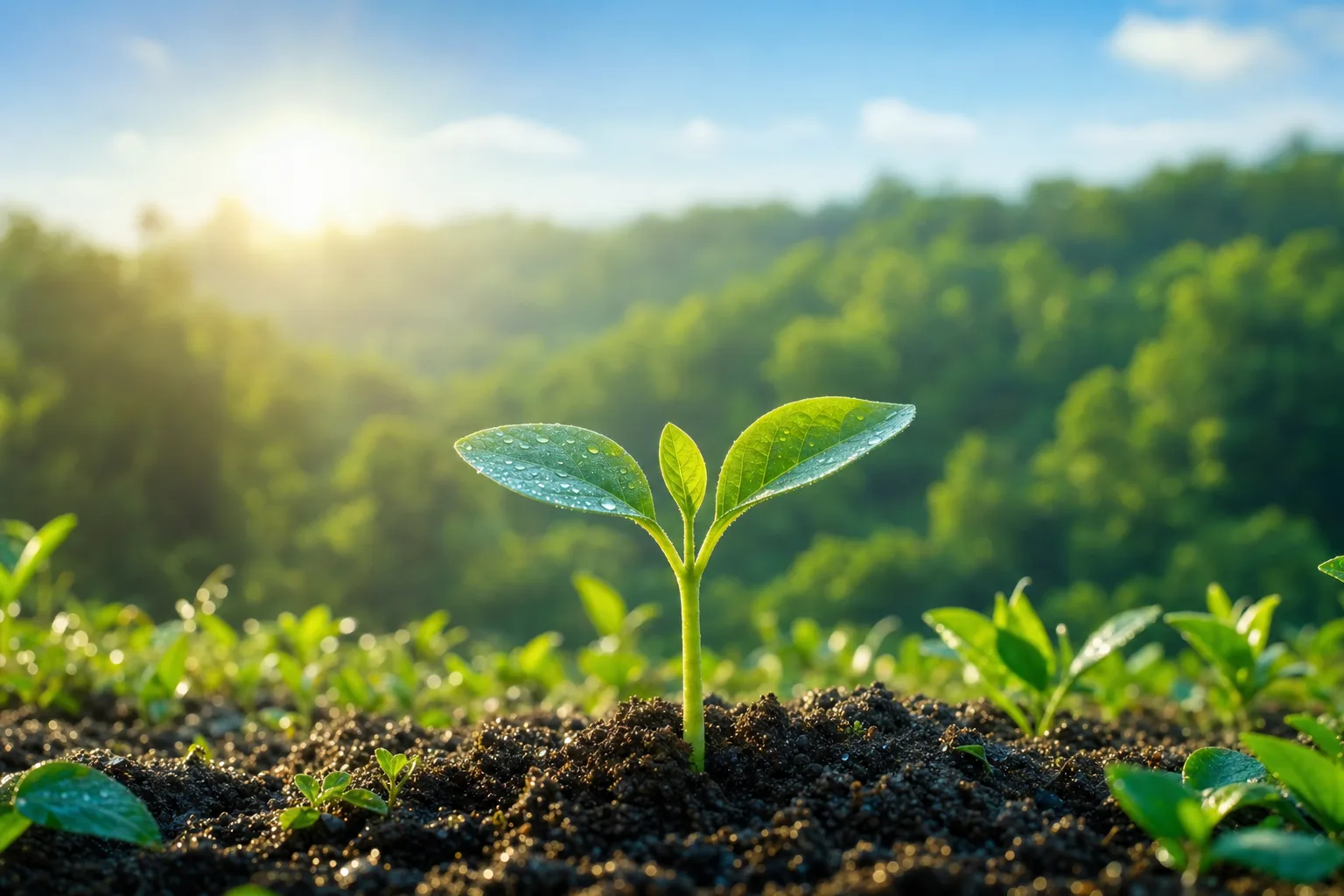 Jeune pousse verte au lever du soleil, symbole de la Journée mondiale de l’environnement