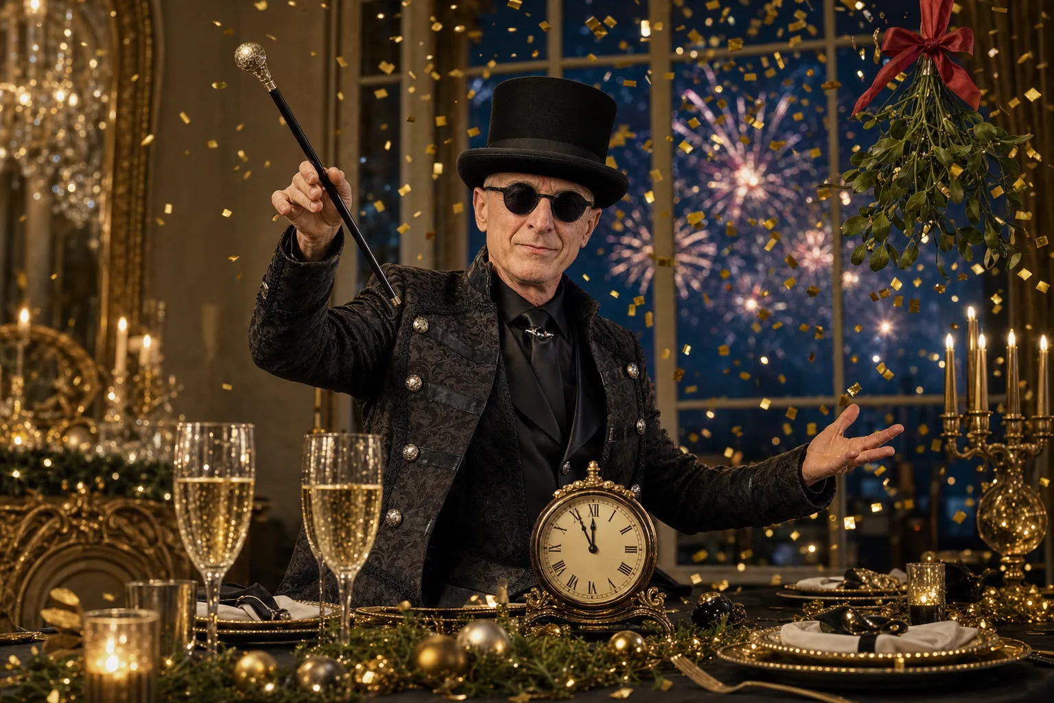 Table de Jour de l’An avec champagne, horloge de minuit, gui et feux d’artifice en arrière-plan, avec Ambros Varius