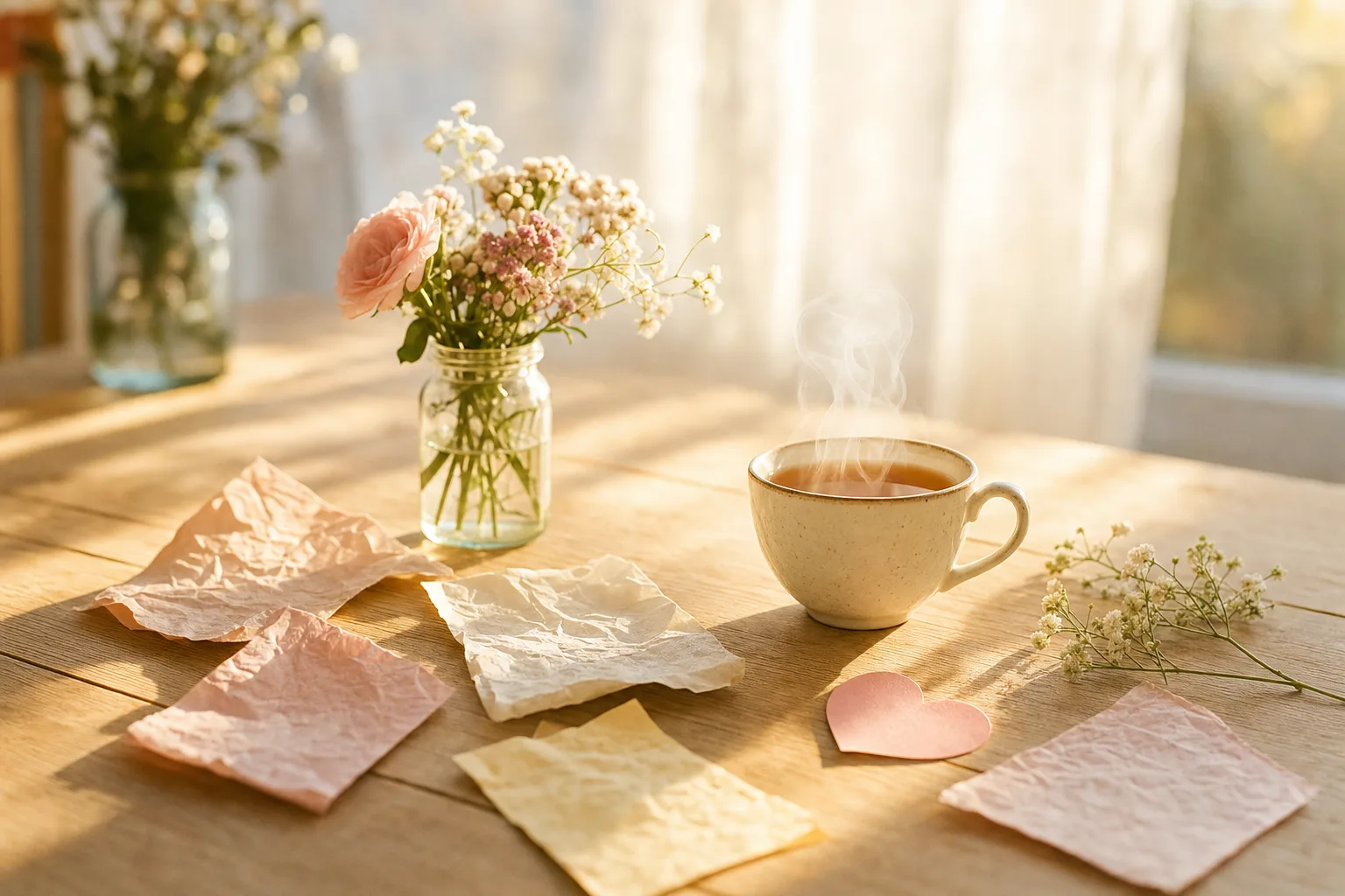 Journée de la gentillesse : tasse de thé, mots doux et fleurs sur une table lumineuse