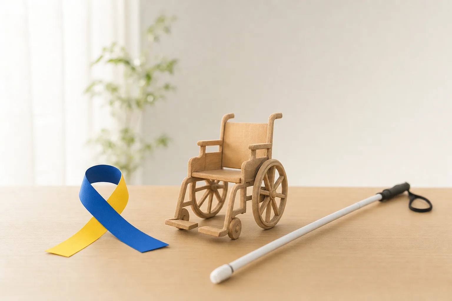 Ruban symbolique et objets évoquant la Journée internationale des personnes handicapées, lumière douce