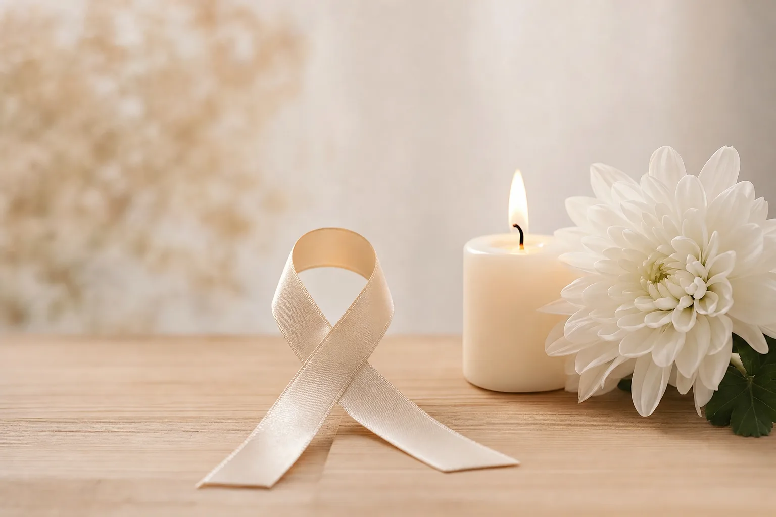 Journée mondiale contre le cancer : ruban symbolique, bougie allumée et fleur blanche dans une lumière douce