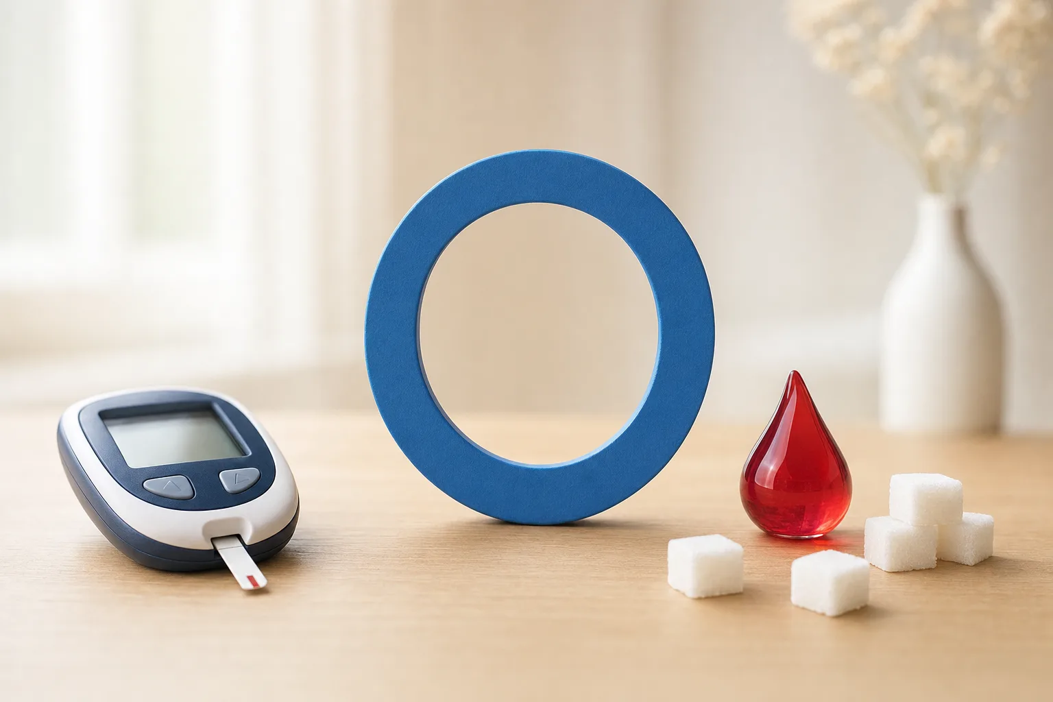 Cercle bleu symbole de la Journée mondiale du diabète avec glucomètre et sucre sur table en bois