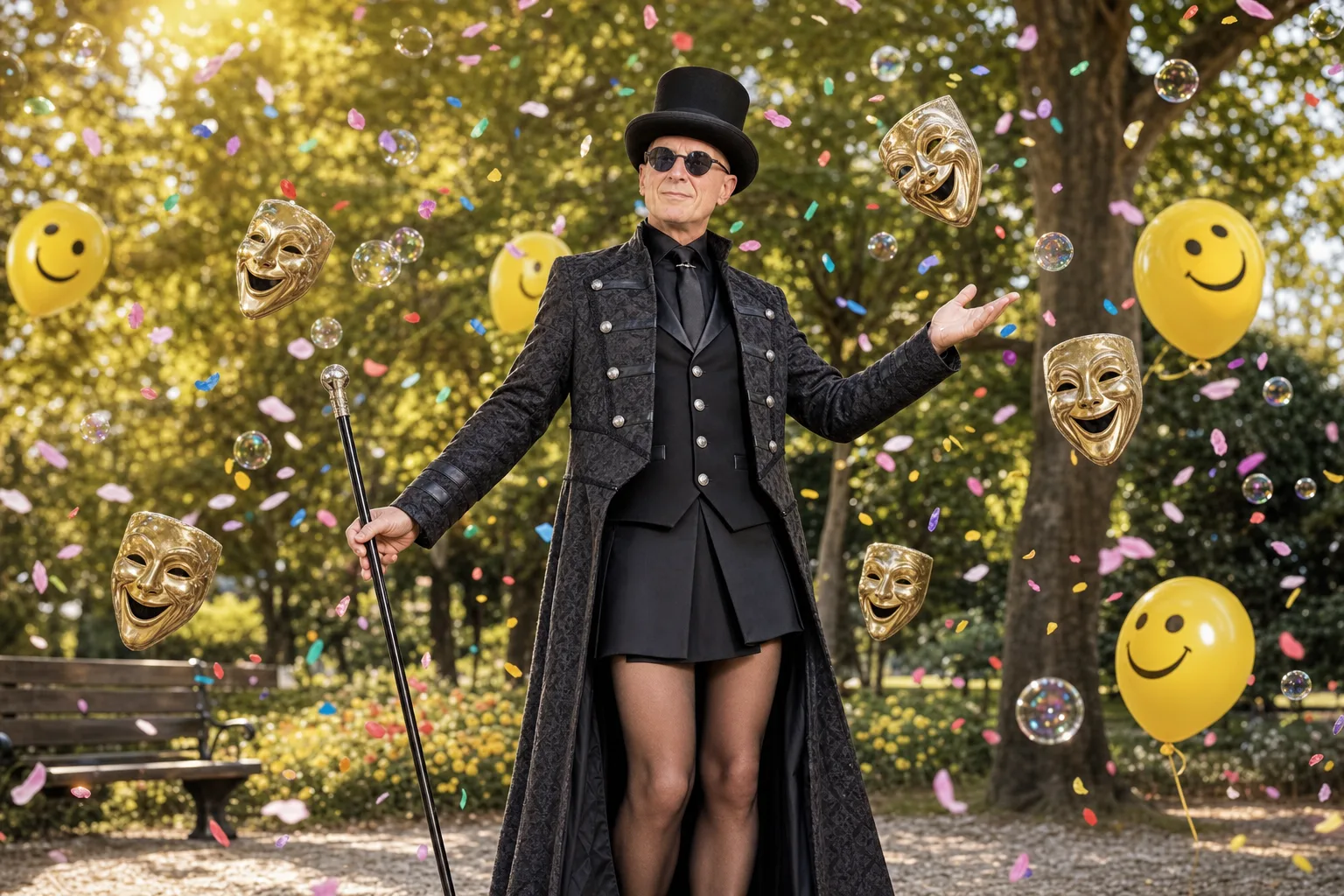 Décor festif avec masques souriants et confettis pour la Journée mondiale du rire, avec Ambros Varius