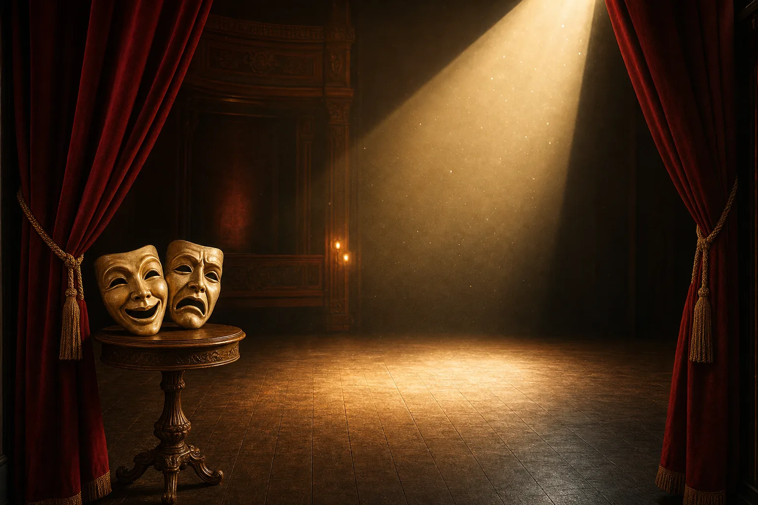 Scène de théâtre avec masques et rideau rouge pour la Journée mondiale du théâtre