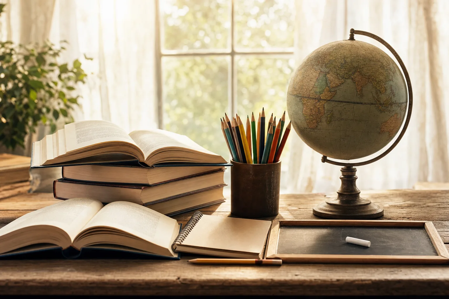Livres, globe et fournitures scolaires illustrant la Journée internationale de l’éducation