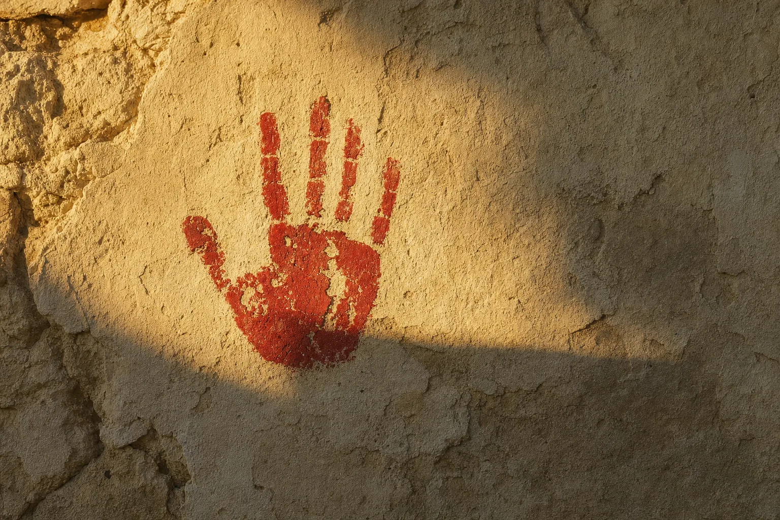 Empreinte de main rouge sur un mur, symbole de la Journée de la main rouge contre les enfants soldats