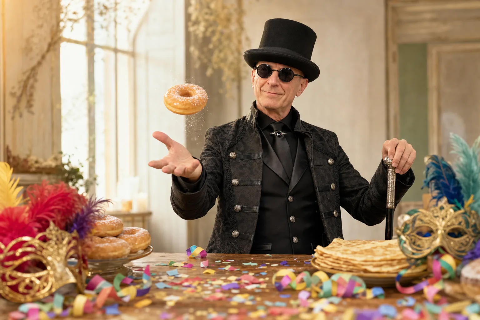 Table de fête pour Mardi gras avec masques vénitiens, confettis et beignets dorés saupoudrés de sucre, avec Ambros Varius