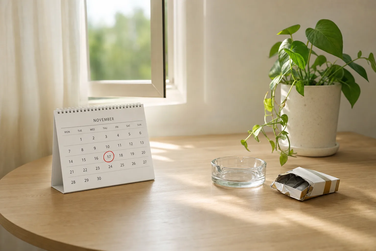 Calendrier de novembre et paquet de cigarettes vide, symbole du Mois sans tabac