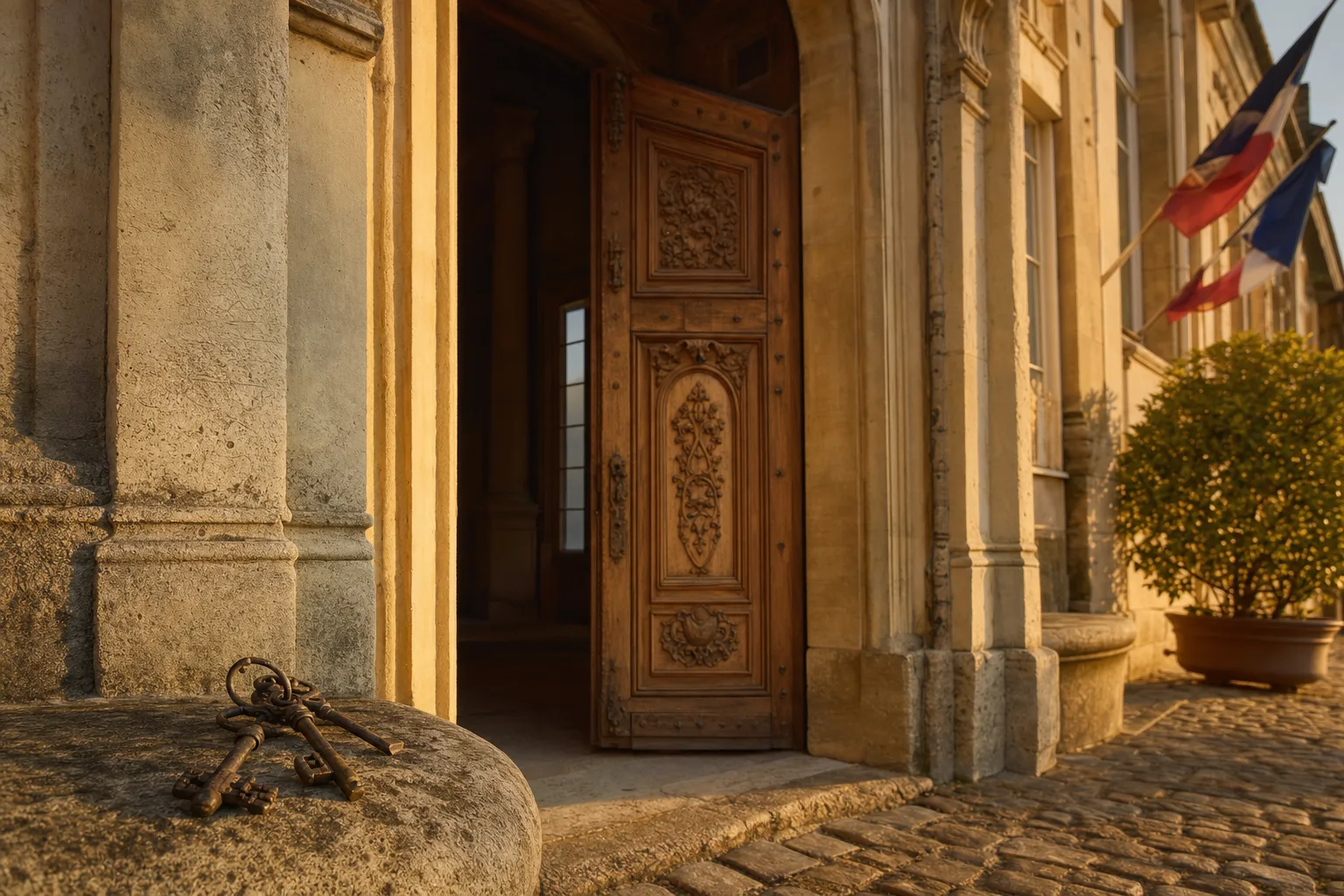 Journées européennes du patrimoine : porte ancienne ouverte d’un monument historique baigné de lumière dorée