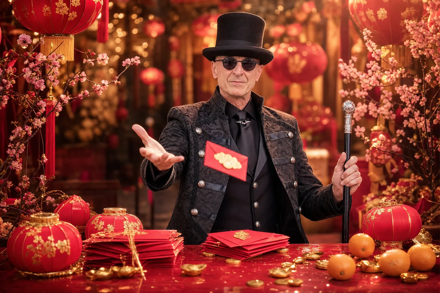 Décor du Nouvel An chinois avec lanternes rouges, enveloppes dorées et fleurs de prunier, avec Ambros Varius