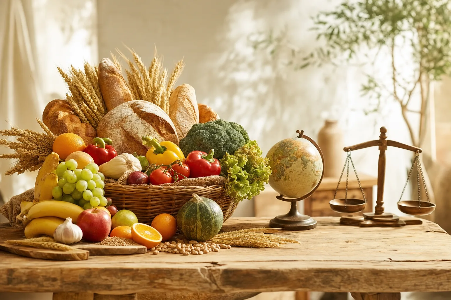 Panier de pain, légumes et globe terrestre symbolisant la Journée mondiale de l’alimentation