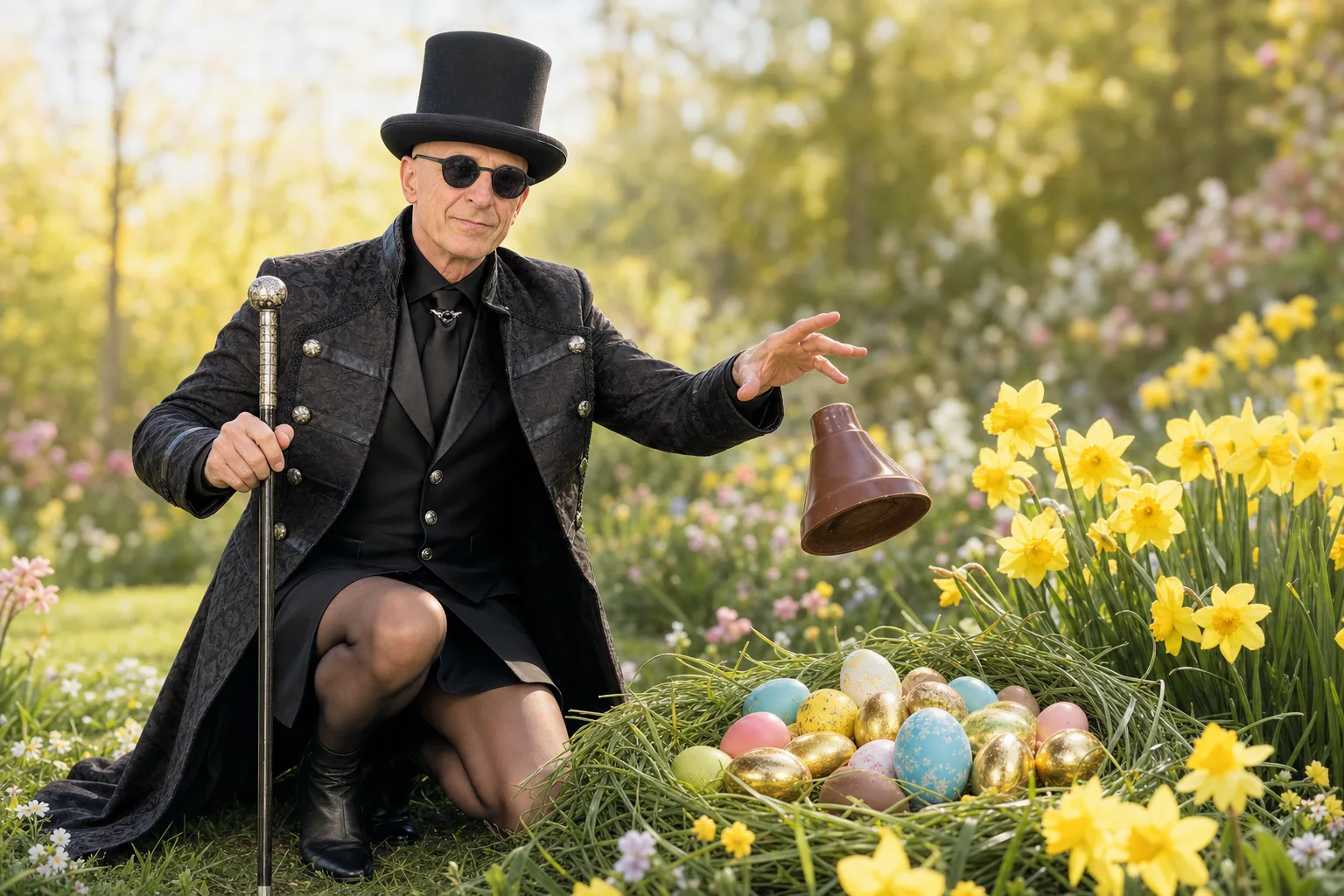 Nid de Pâques avec œufs en chocolat colorés et cloche parmi les jonquilles au jardin, avec Ambros Varius