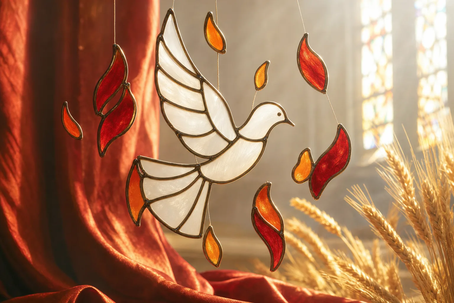 Colombe et flammes symbolisant la Pentecôte dans une lumière dorée d’église