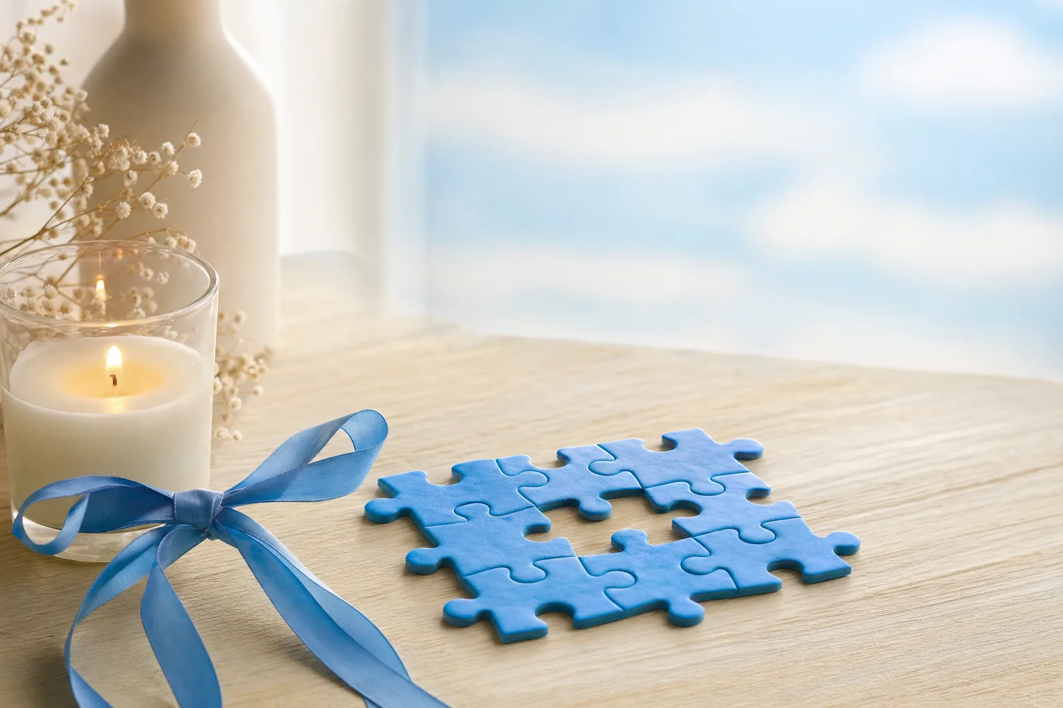 Puzzle bleu, ruban et bougie symbolisant la Journée mondiale de l’autisme, ambiance sobre et bienveillante