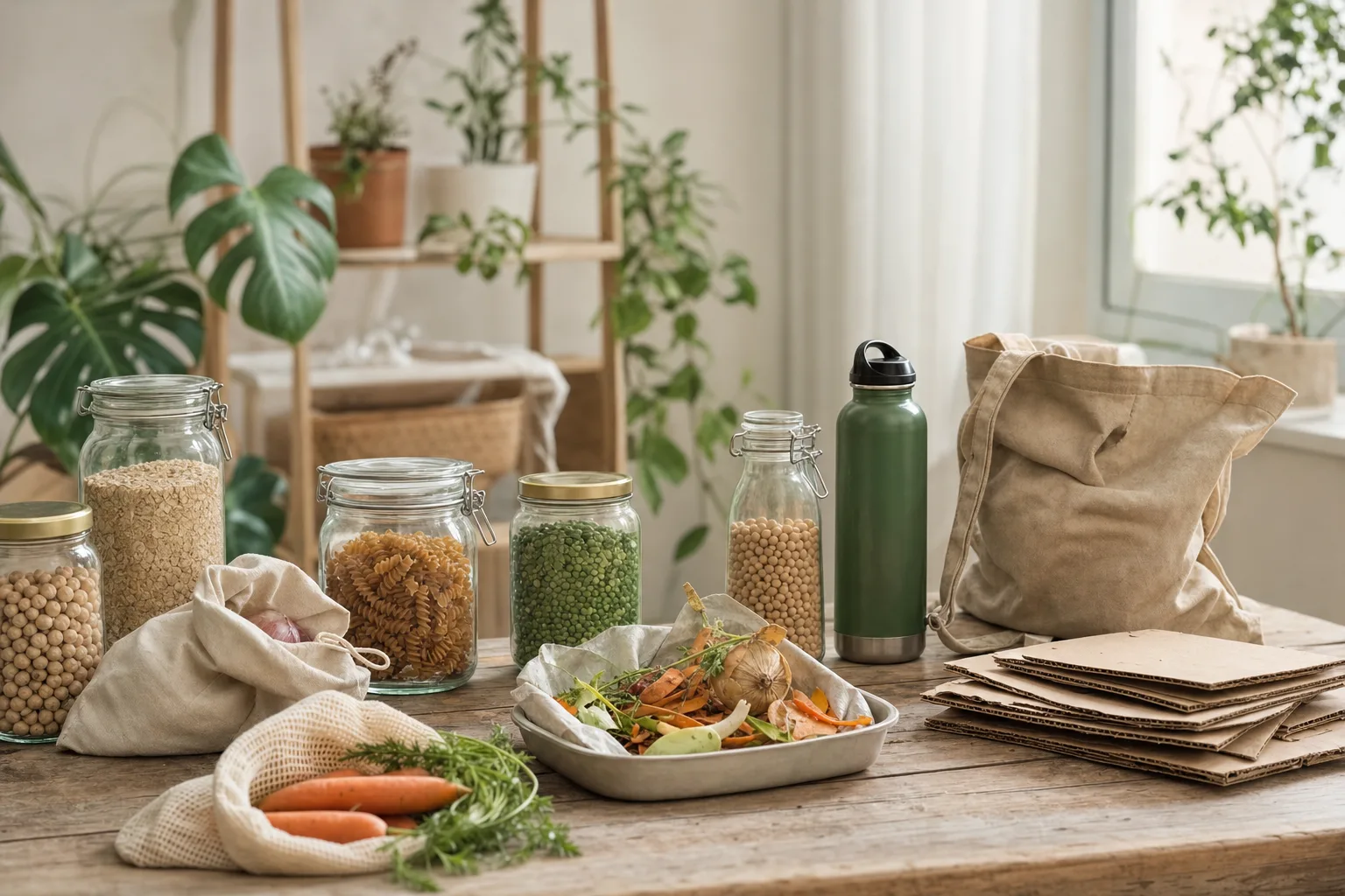 Objets du quotidien pour la réduction des déchets : bocaux vrac, gourde, compost et carton recyclé