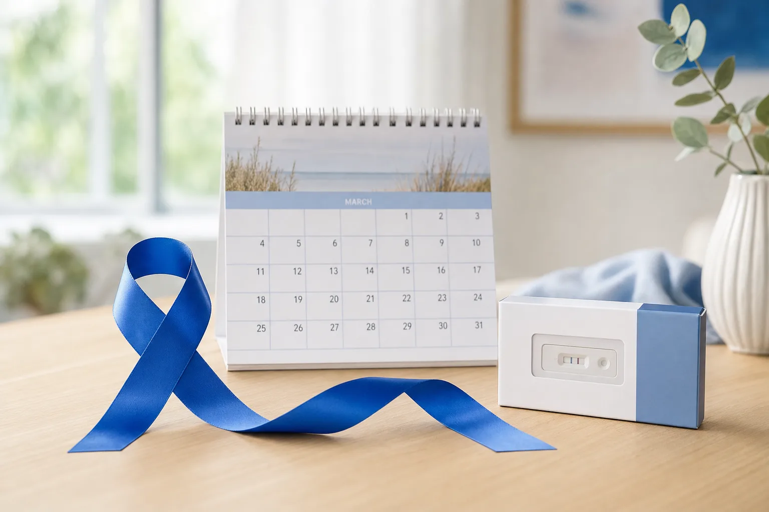 Ruban bleu, calendrier de mars et test de dépistage symbolisant Mars Bleu, le mois du dépistage colorectal