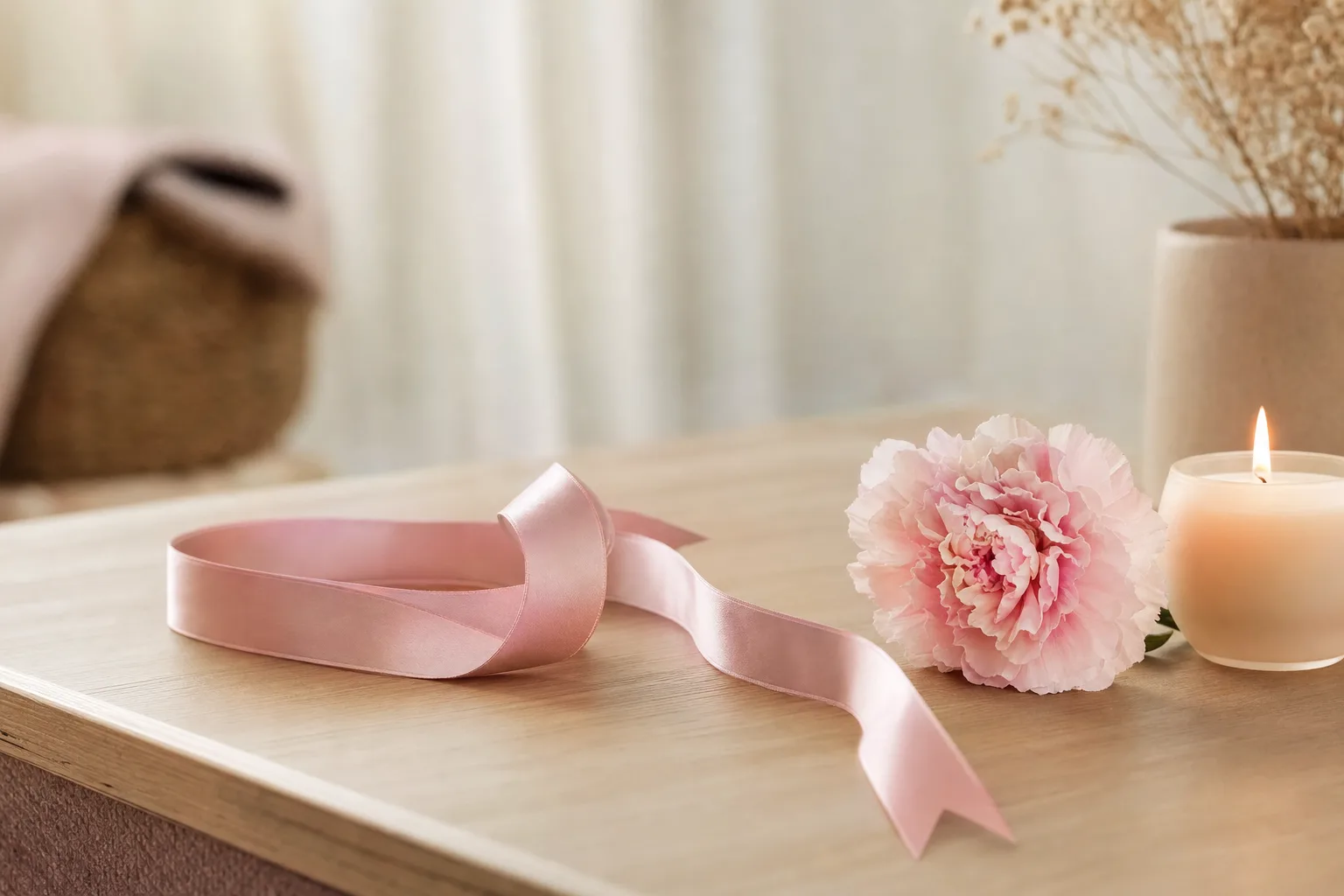 Ruban rose symbolique d’Octobre Rose, fleur et bougie sur table en bois, ambiance douce