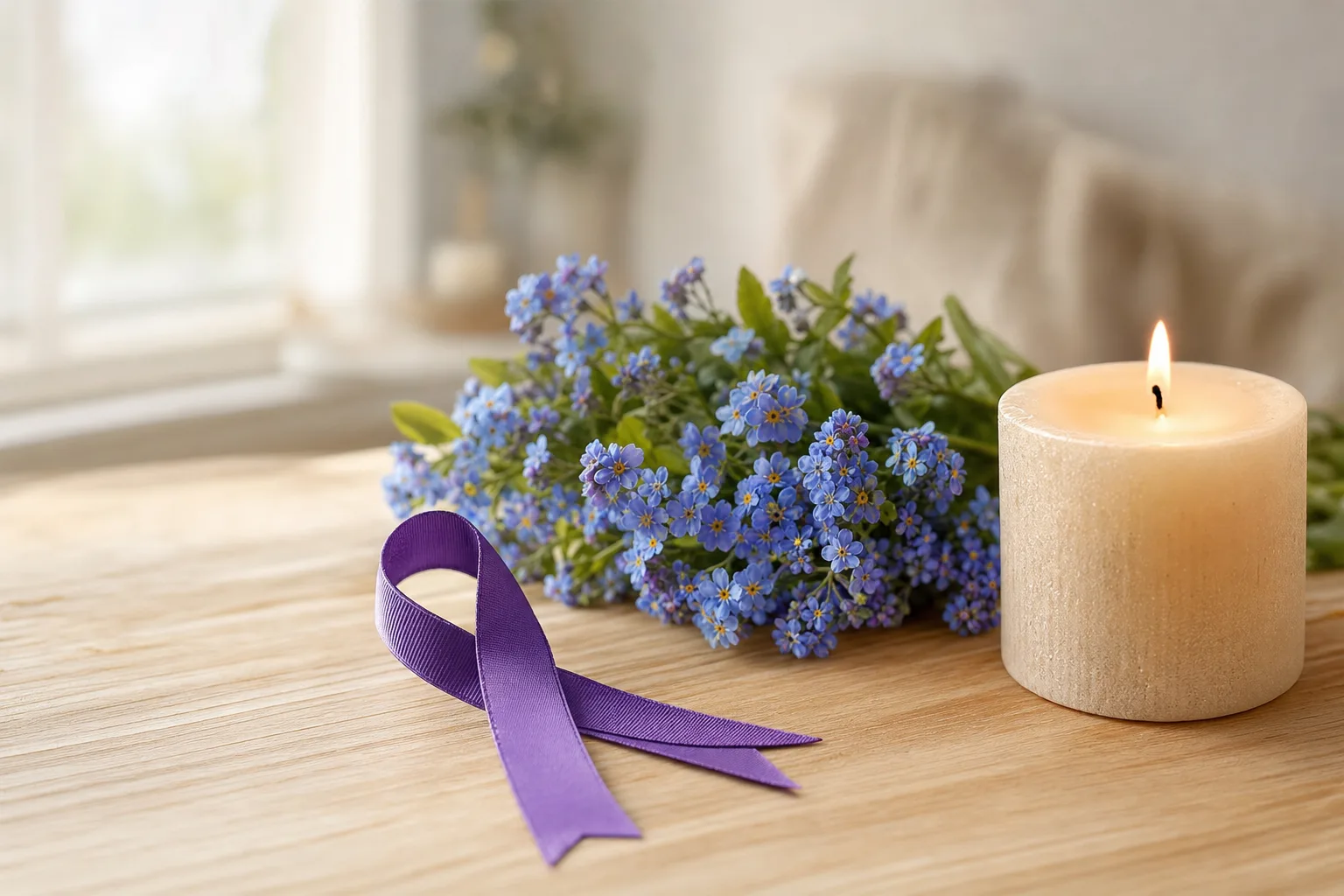 Ruban violet, bougie et myosotis symbolisant la Journée mondiale Alzheimer