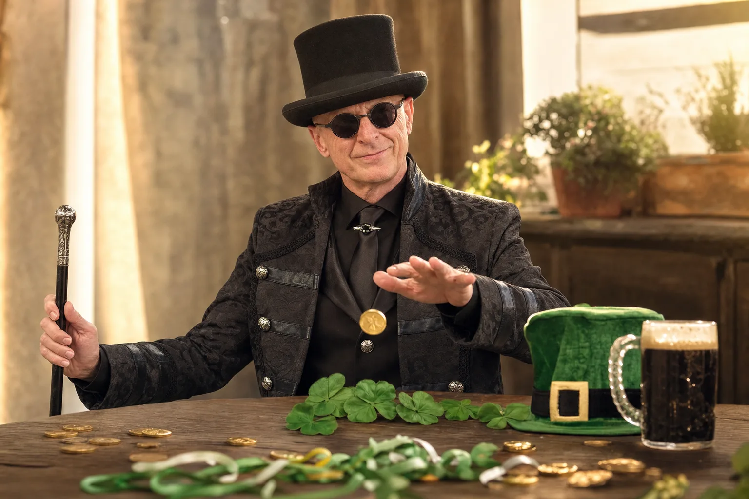 Décor festif de la Saint-Patrick avec trèfles verts, chapeau et pièces d’or sur fond de pub irlandais, avec Ambros Varius