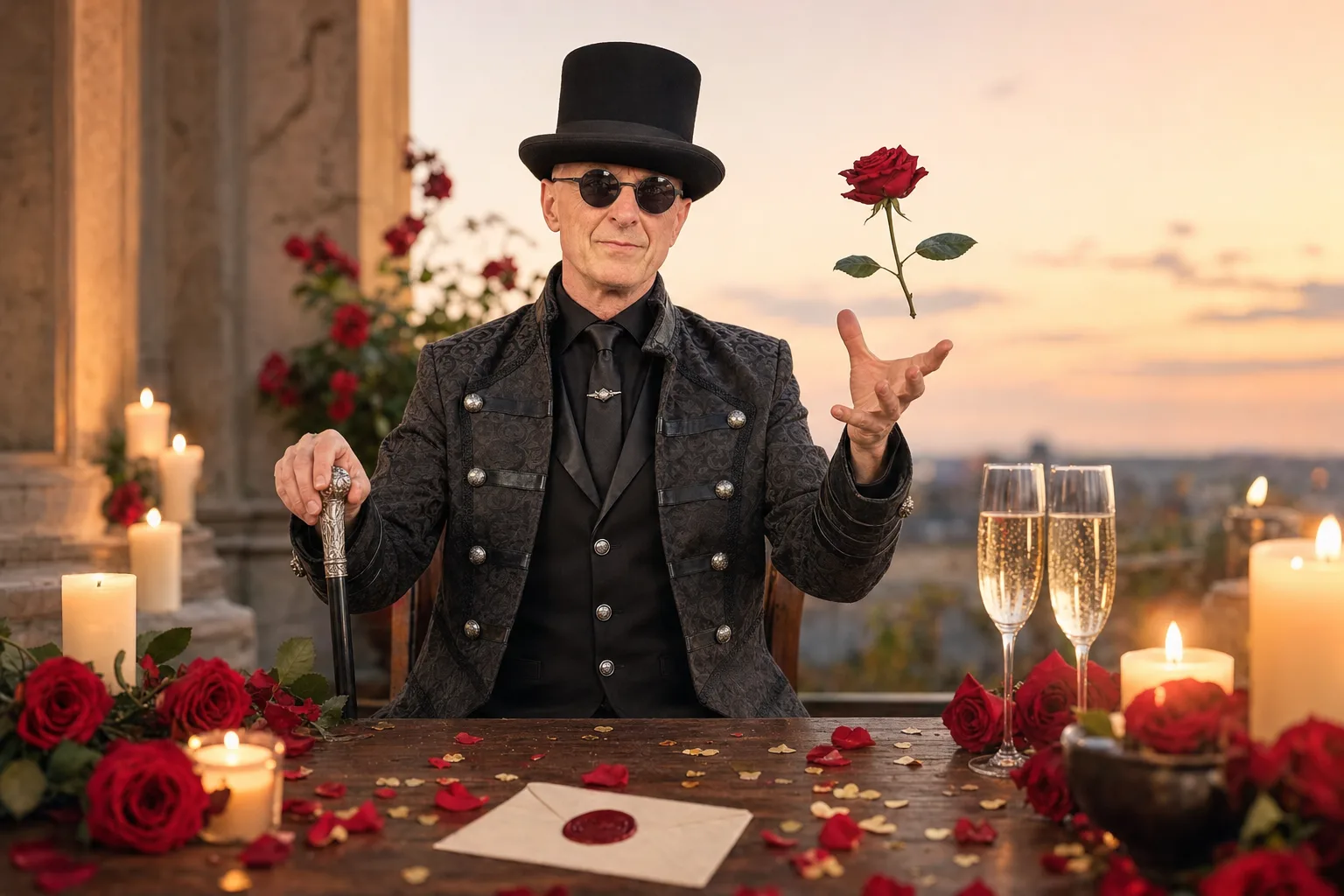 Décor romantique de Saint-Valentin avec roses rouges, bougies et lettre d’amour cachetée, avec Ambros Varius