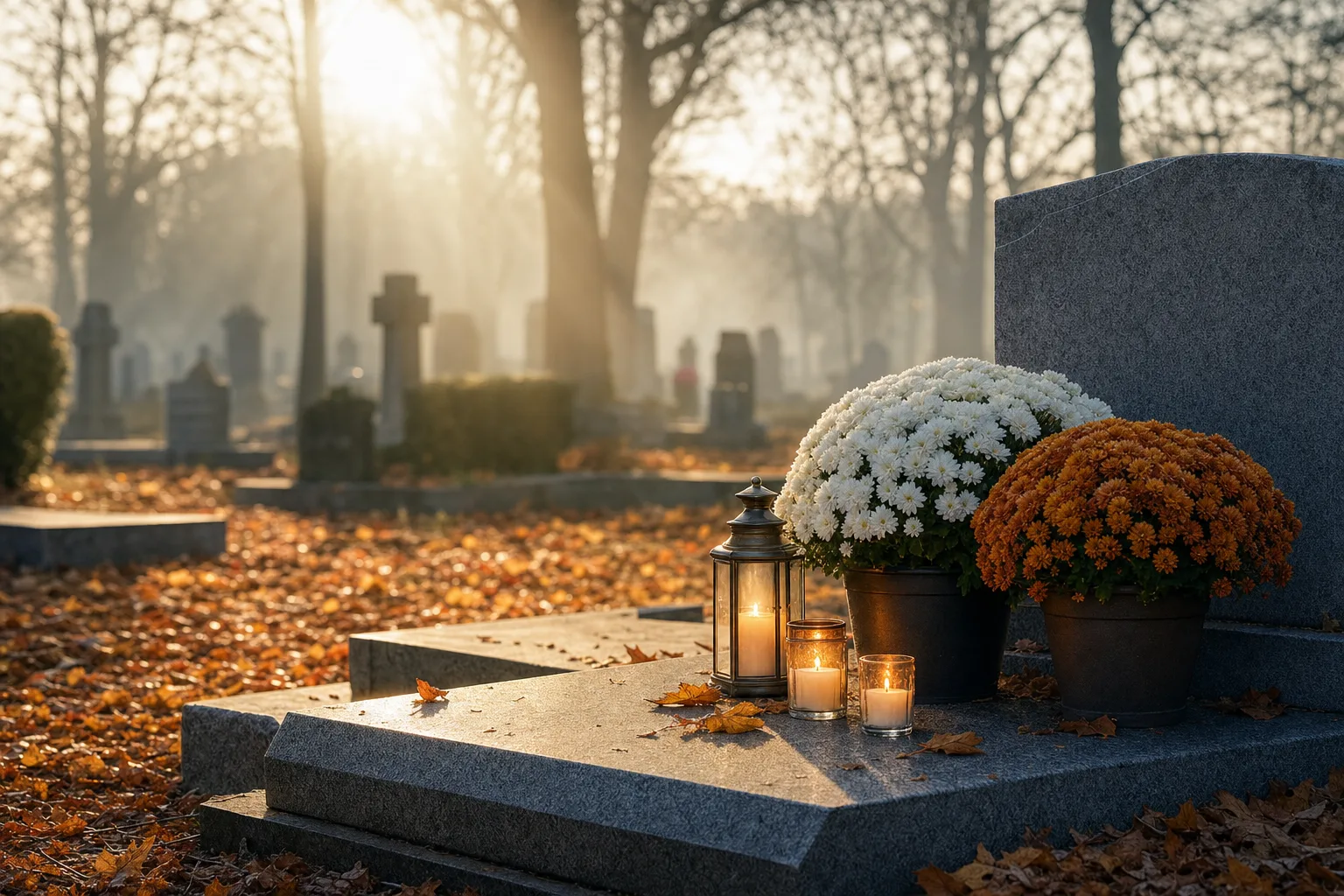 Chrysanthèmes et bougies sur une tombe en pierre pour la Toussaint, ambiance automnale paisible